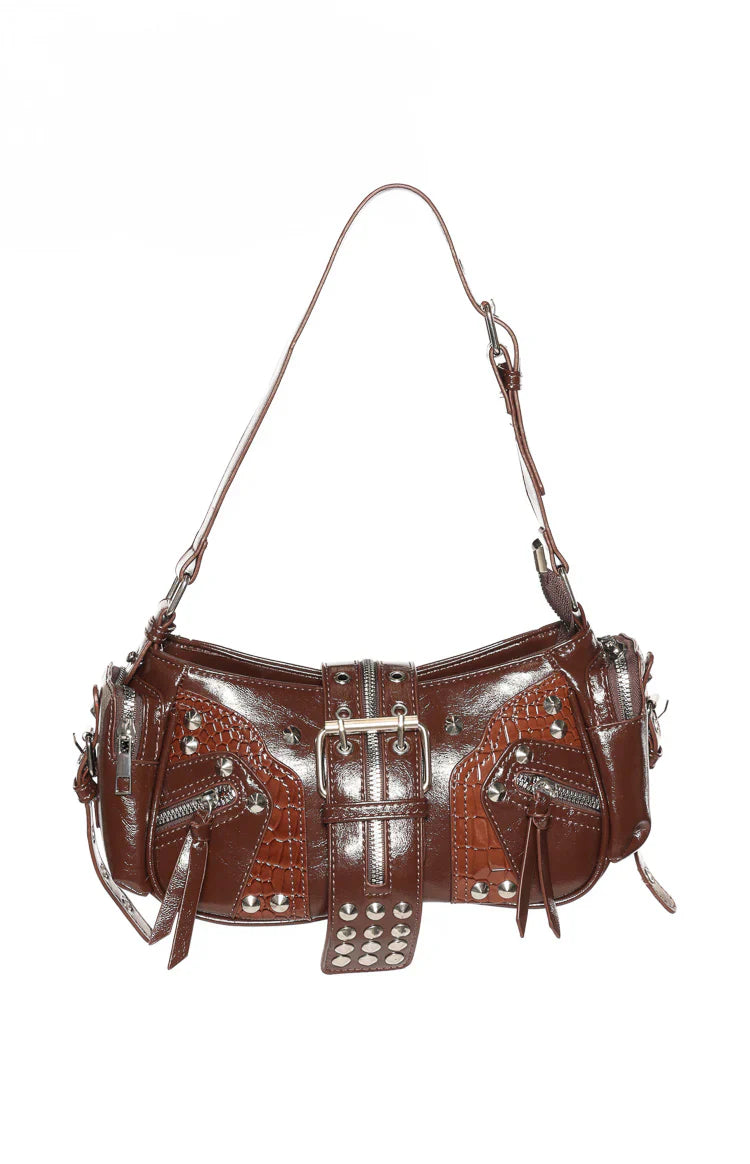Dakota Brown PU Silver Hardwear Shoulder Bag