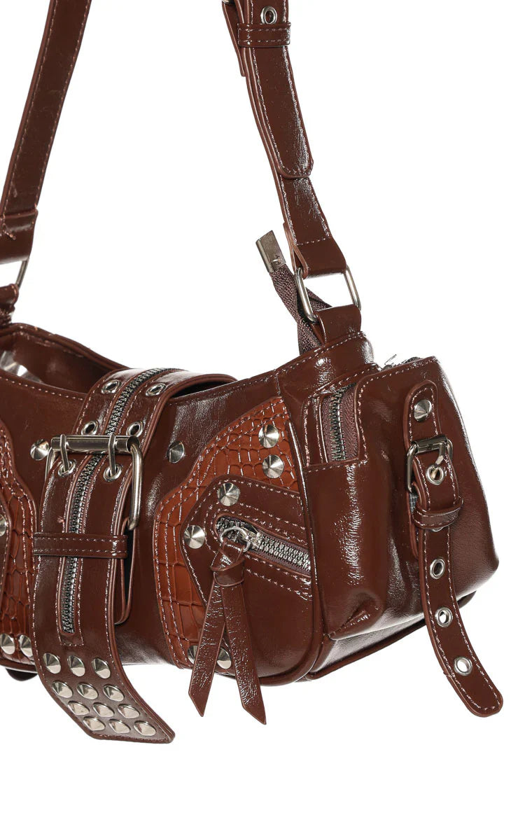 Dakota Brown PU Silver Hardwear Shoulder Bag