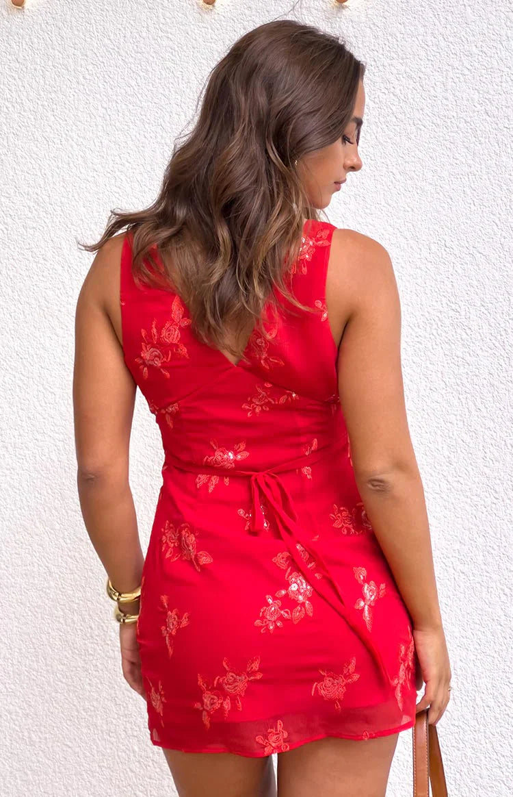 Daphne Red Floral Sequin Mini Dress