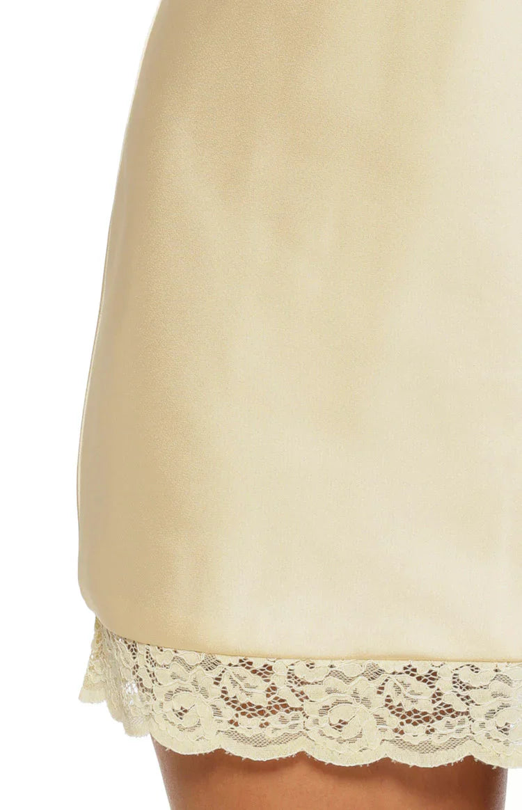Dasha Yellow Satin Lace Trim Mini Dress