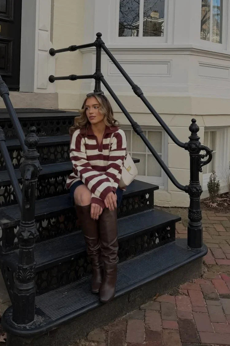 Daze Burgundy Stripe Polo Knit Sweater
