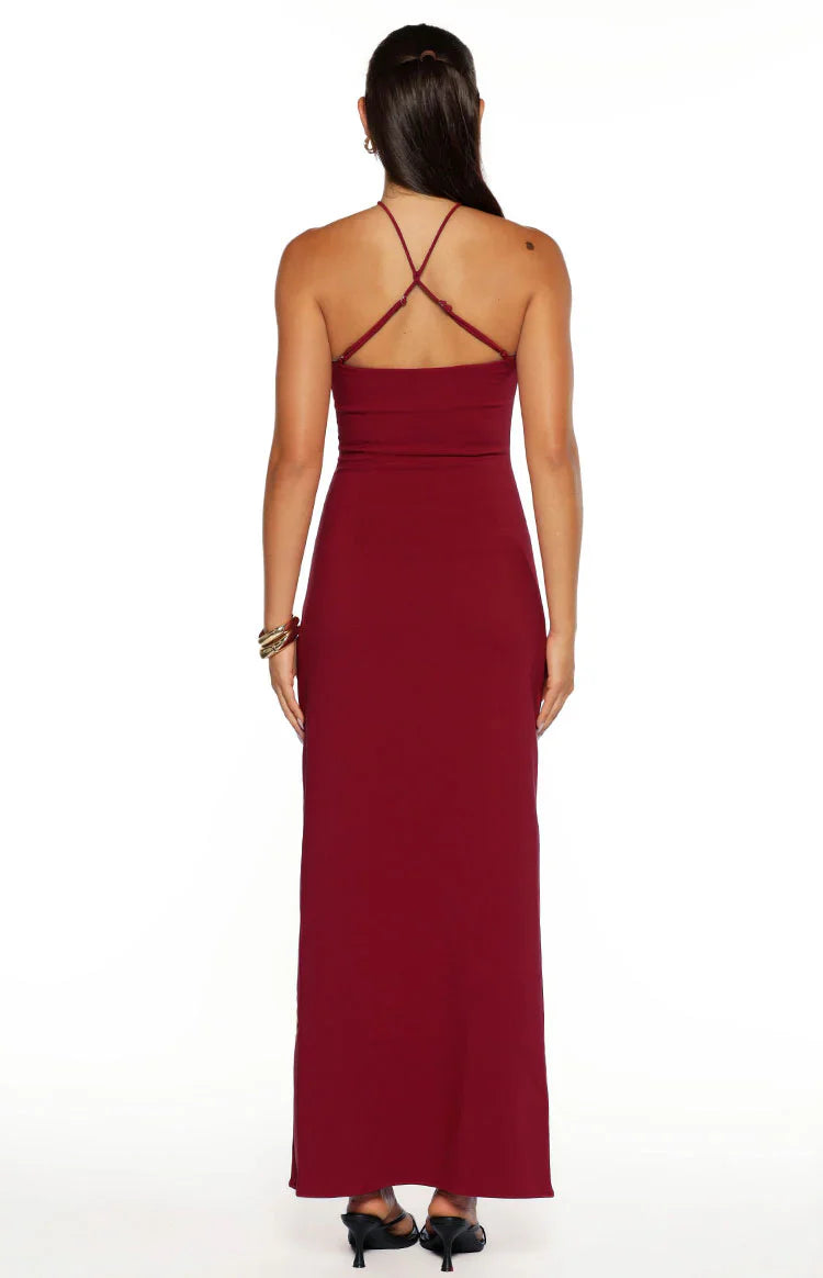 Del Mar Burgundy Crepe Formal Maxi Dress