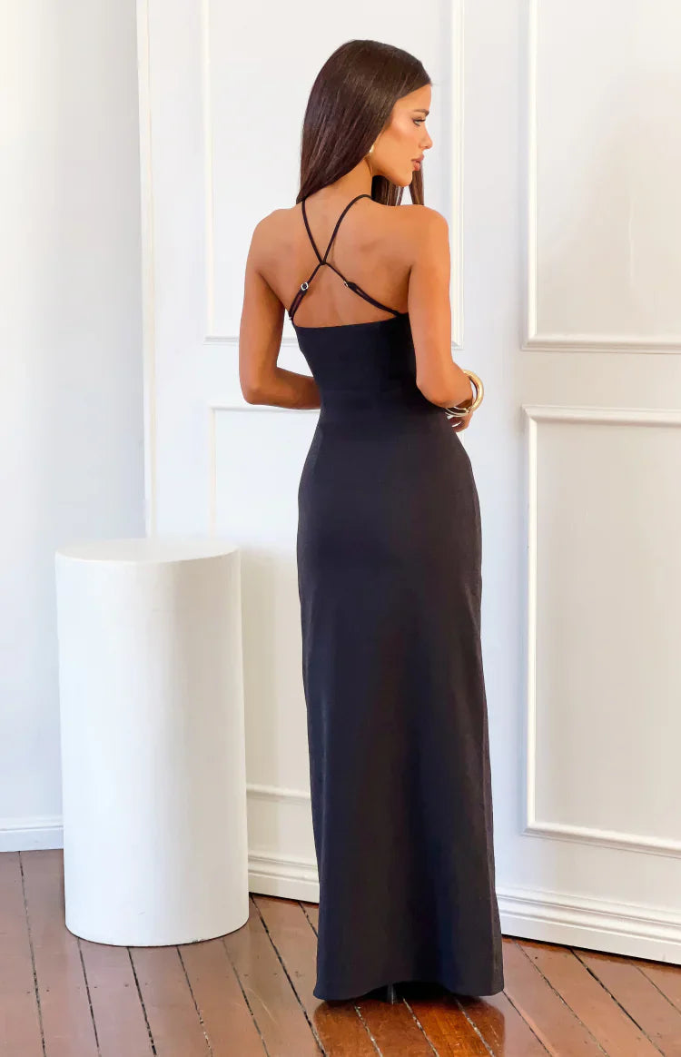 Del Mar Black Crepe Formal Maxi Dress