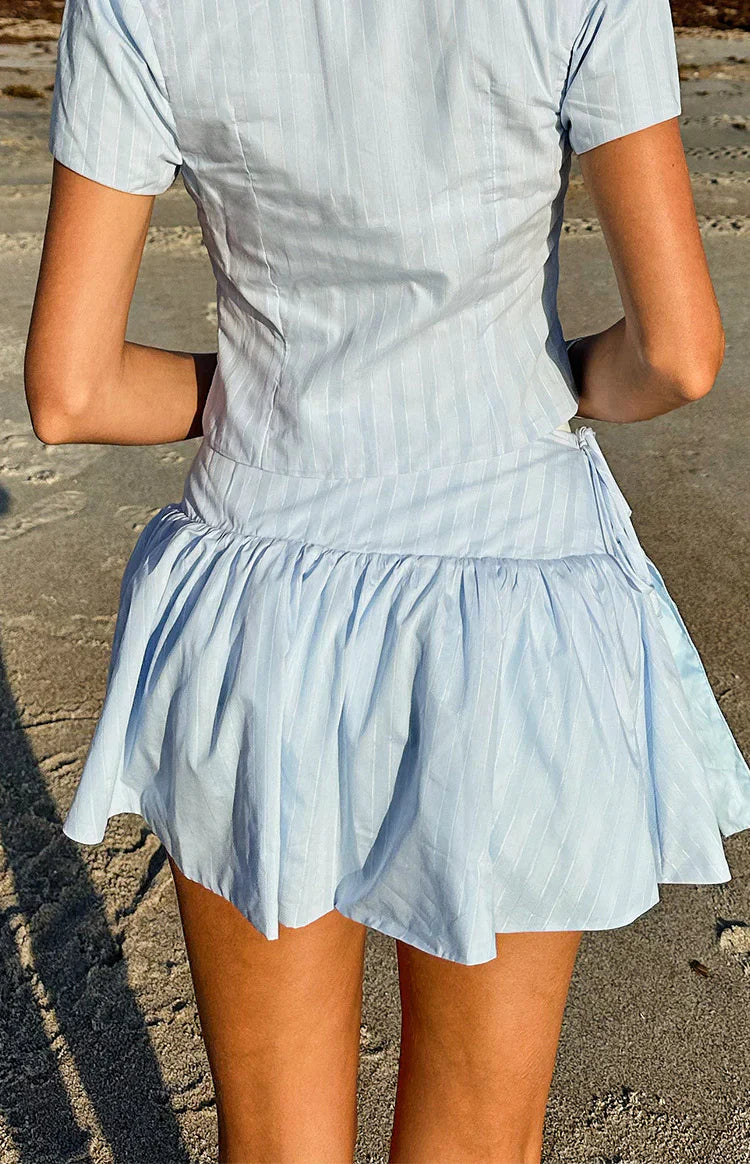 Della Blue Stripe Tie Waist Reversible Skirt