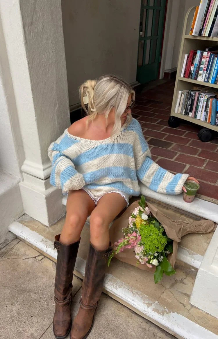 Delvey Light Blue Striped Chunky Knit Sweater