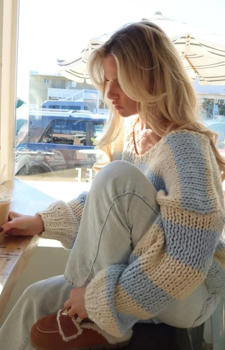 Delvey Light Blue Striped Chunky Knit Sweater