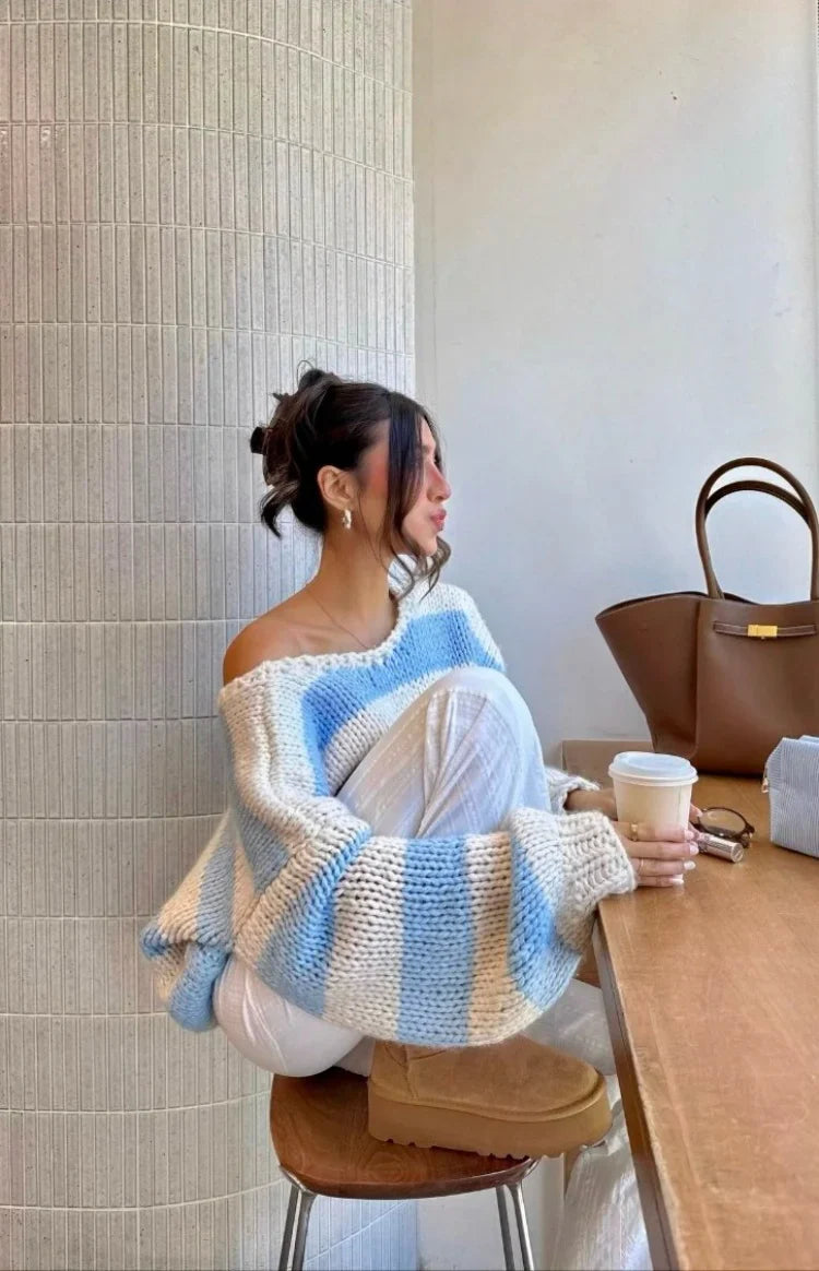 Delvey Light Blue Striped Chunky Knit Sweater