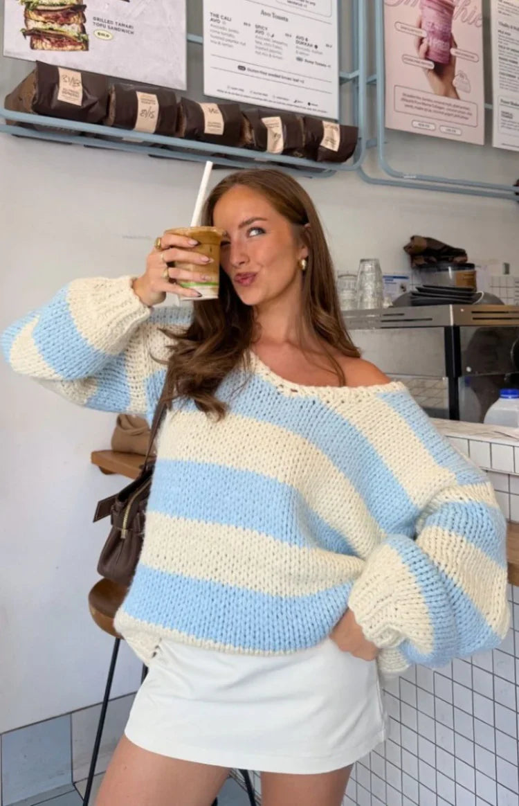 Delvey Light Blue Striped Chunky Knit Sweater