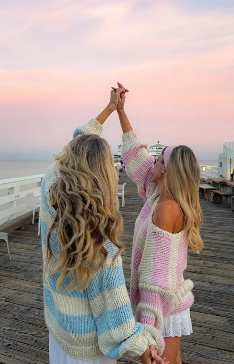 Delvey Pink Striped Chunky Knit Sweater