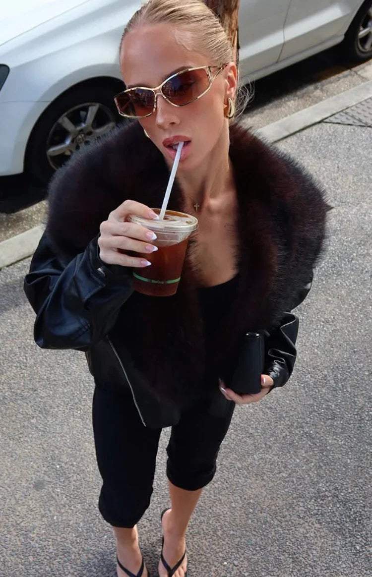 Dolci Black Fur Collar PU Jacket