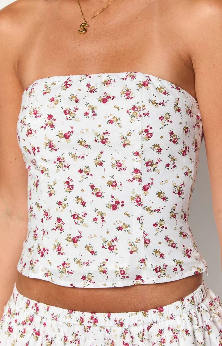 Paisley White Floral Strapless Top
