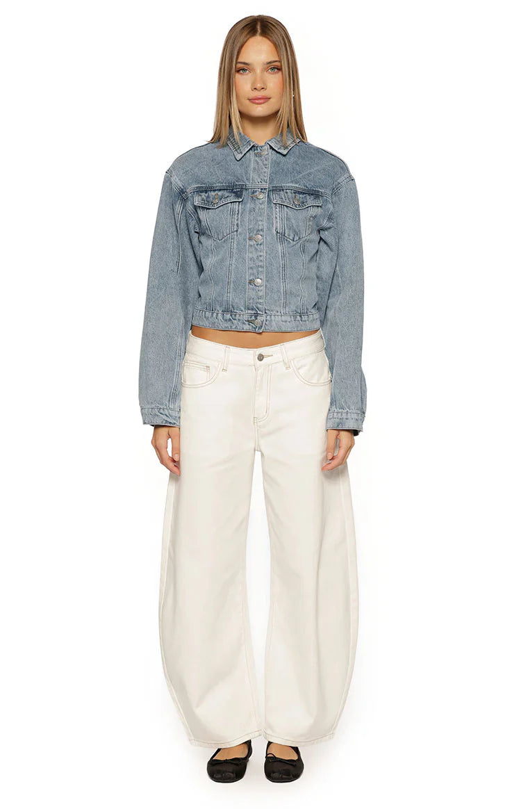 Elana Mid Wash Cinched Waist Denim Jacket