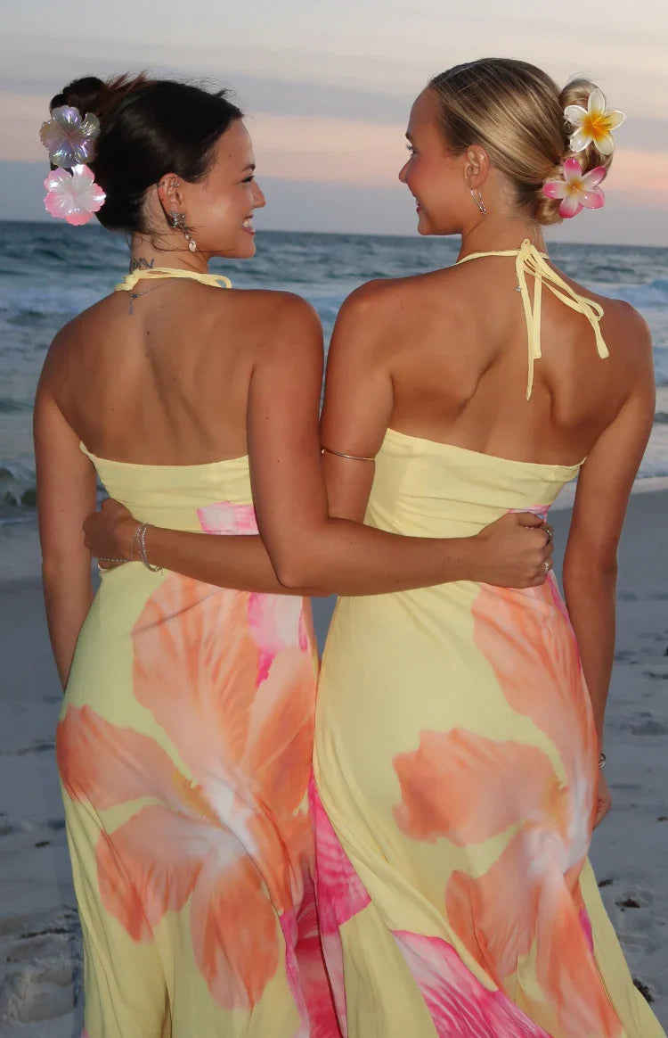 Elowen Yellow Hibiscus Floral Halter Maxi Dress