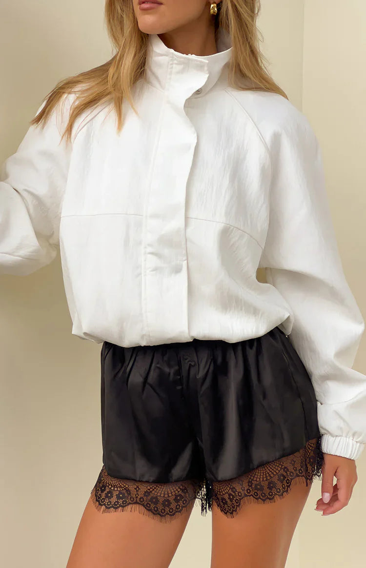 Agnes Black Lace Trim Satin Shorts