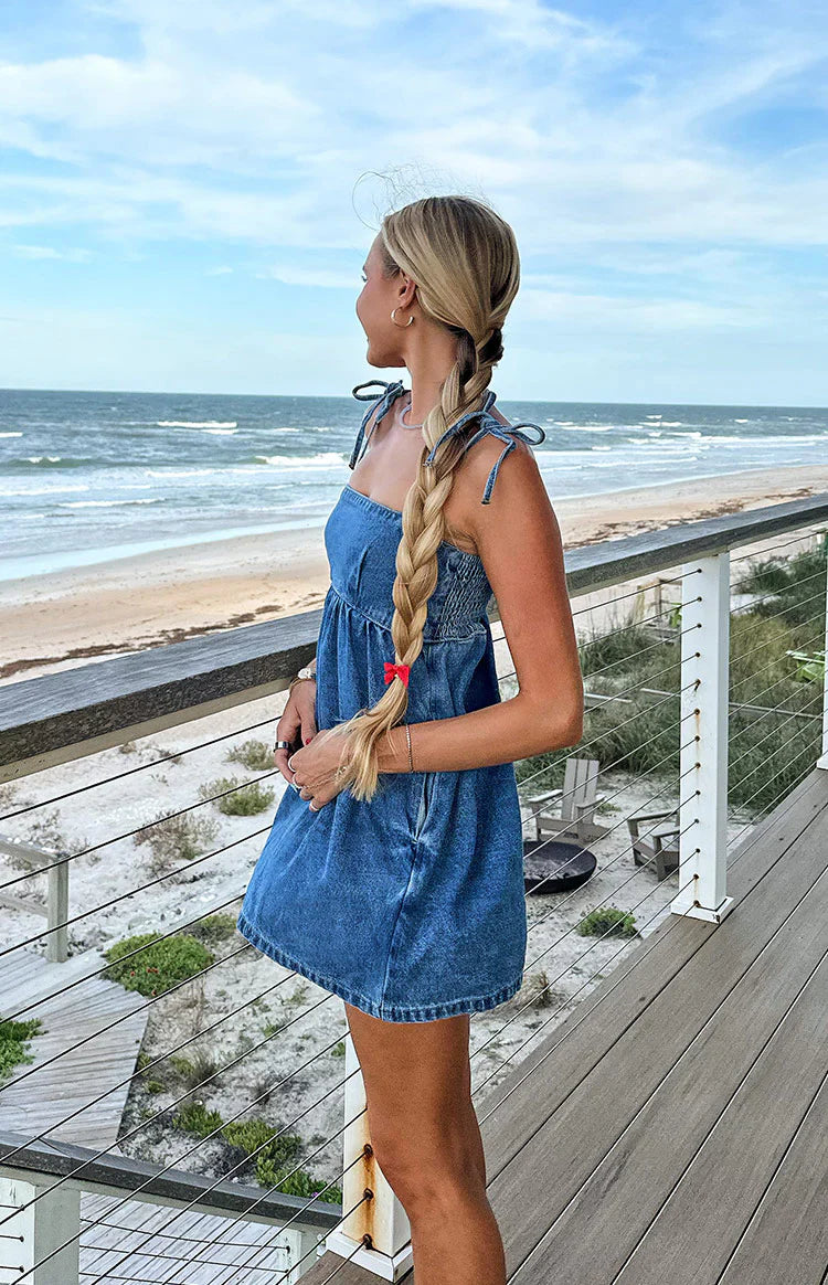 Ethel Blue Denim Tie Strap Mini Dress - PRE ORDER