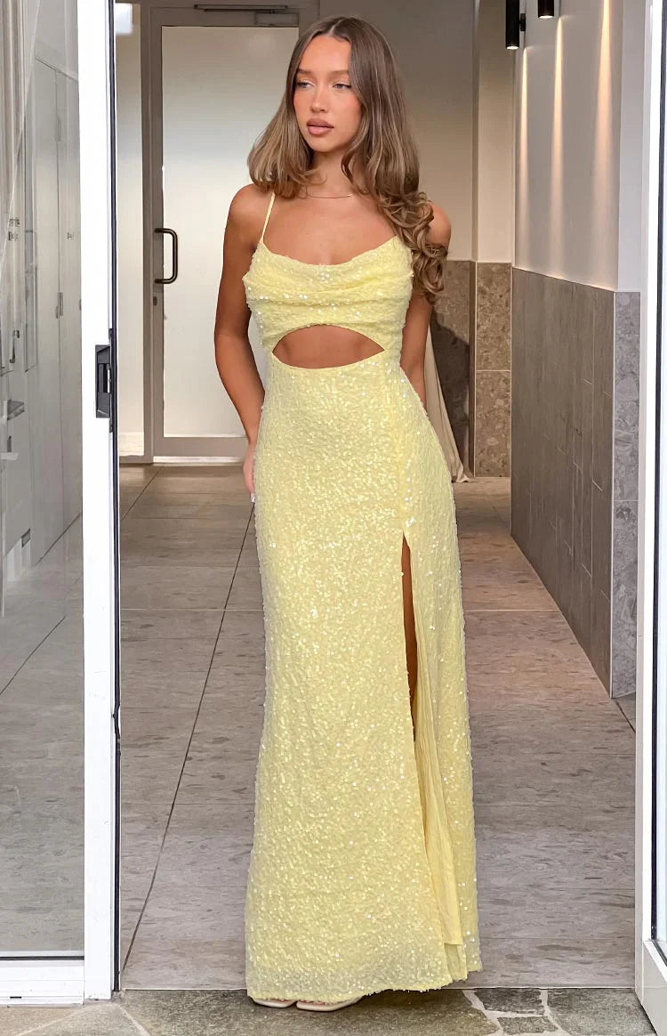 Fallon Yellow Sequin Cut Out Formal Maxi Dress