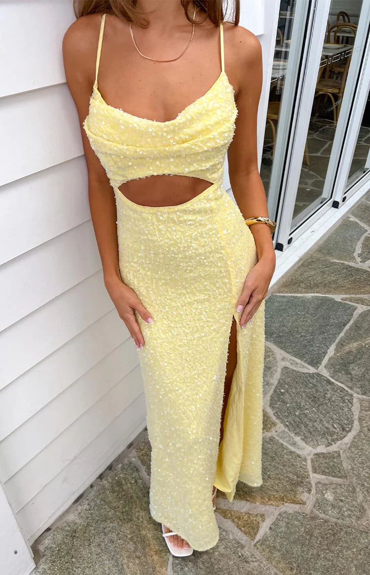 Fallon Yellow Sequin Cut Out Formal Maxi Dress