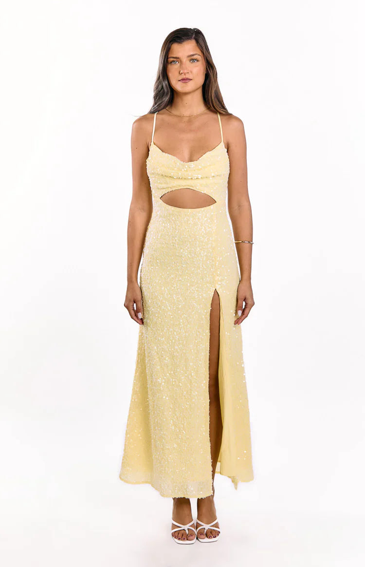 Fallon Yellow Sequin Cut Out Formal Maxi Dress