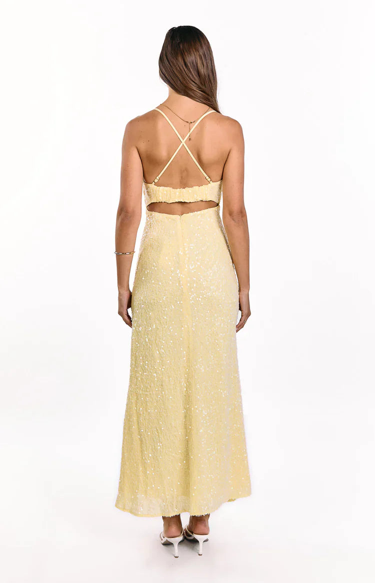 Fallon Yellow Sequin Cut Out Formal Maxi Dress