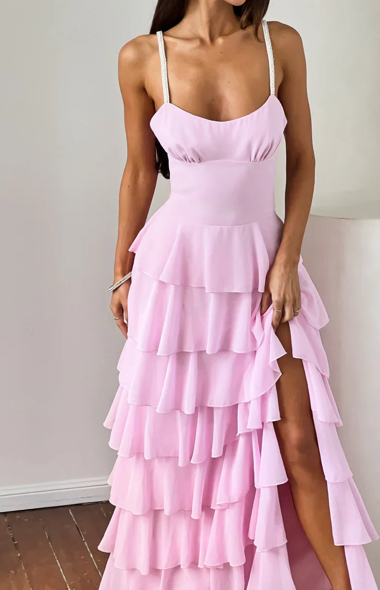 Felicity Pink Pearl Strap Ruffle Maxi Dress
