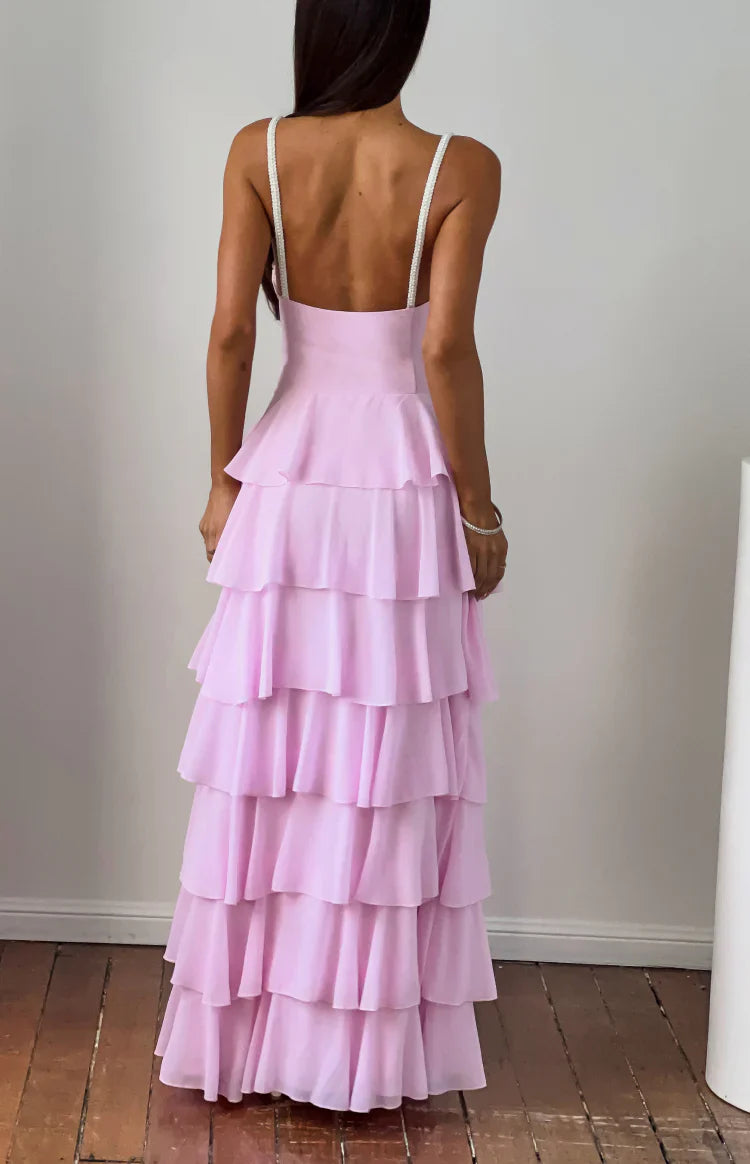 Felicity Pink Pearl Strap Ruffle Maxi Dress