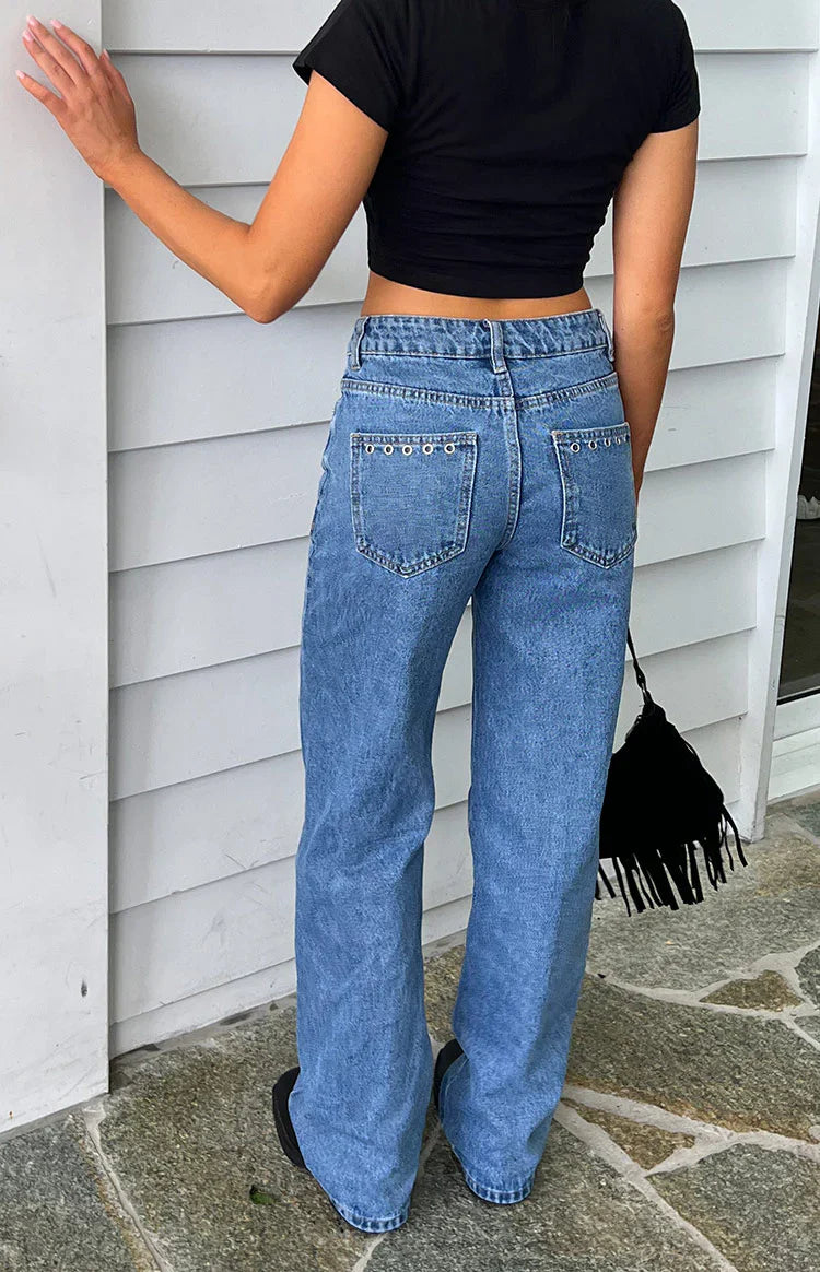 Fran Eyelet Mid Wash Pocket Jeans