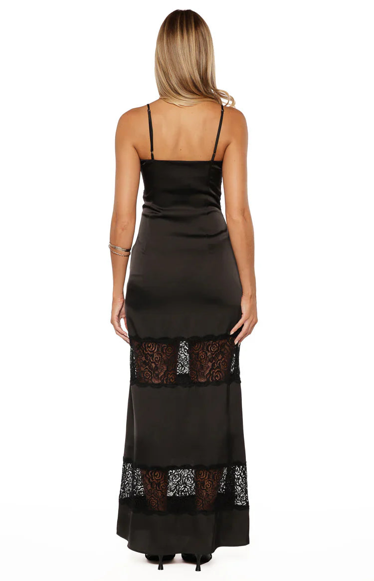 Freyja Black Lace Insert Satin Maxi Dress
