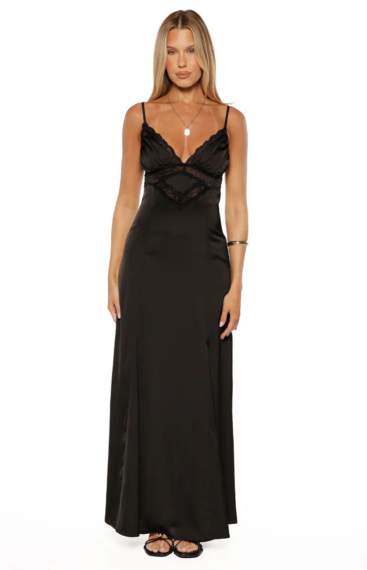 Gabby Black Satin Lace Maxi Dress