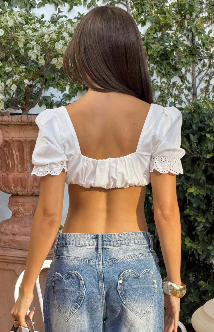 Hart White Broderie Trim Crop Top