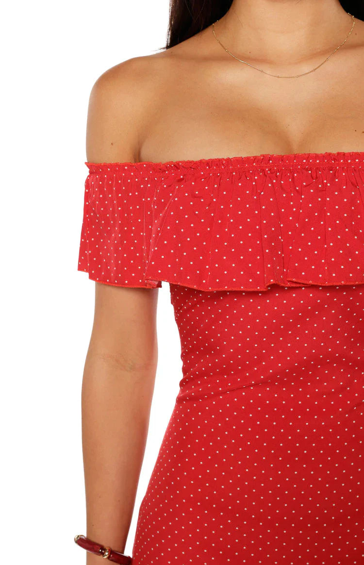 Haylie Red Polka Dot Off Shoulder Mini Dress