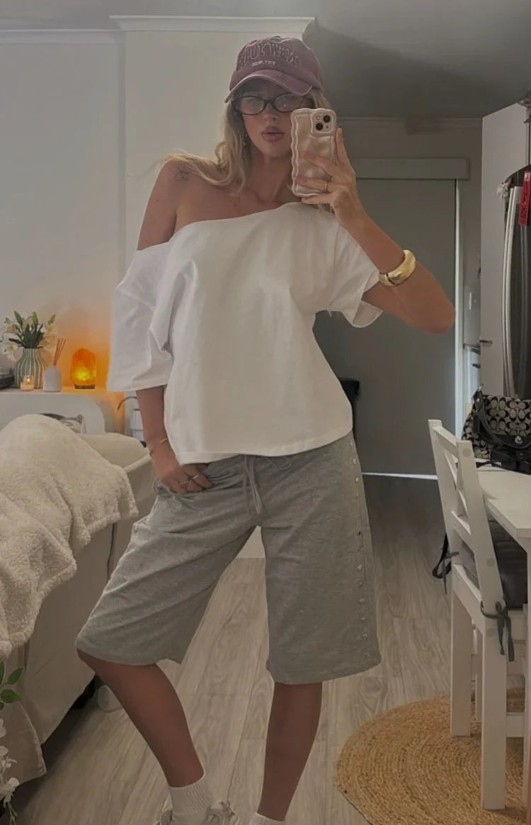 Henrie White Off Shoulder Boxy Tee