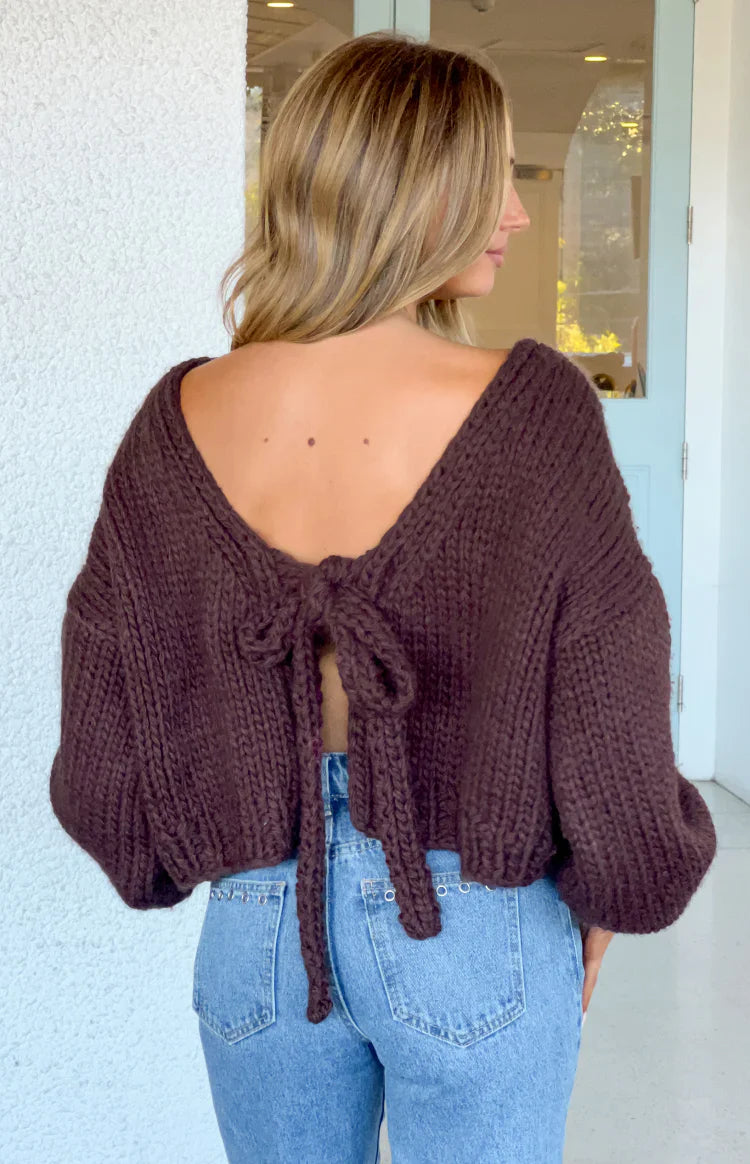 Holiday Chocolate Brown Tie Up Knit Cardigan