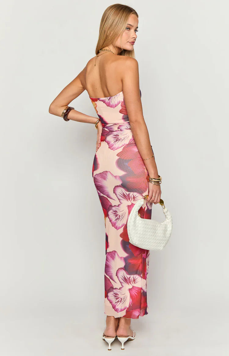 Imogen Purple Floral Print Strapless Maxi Dress