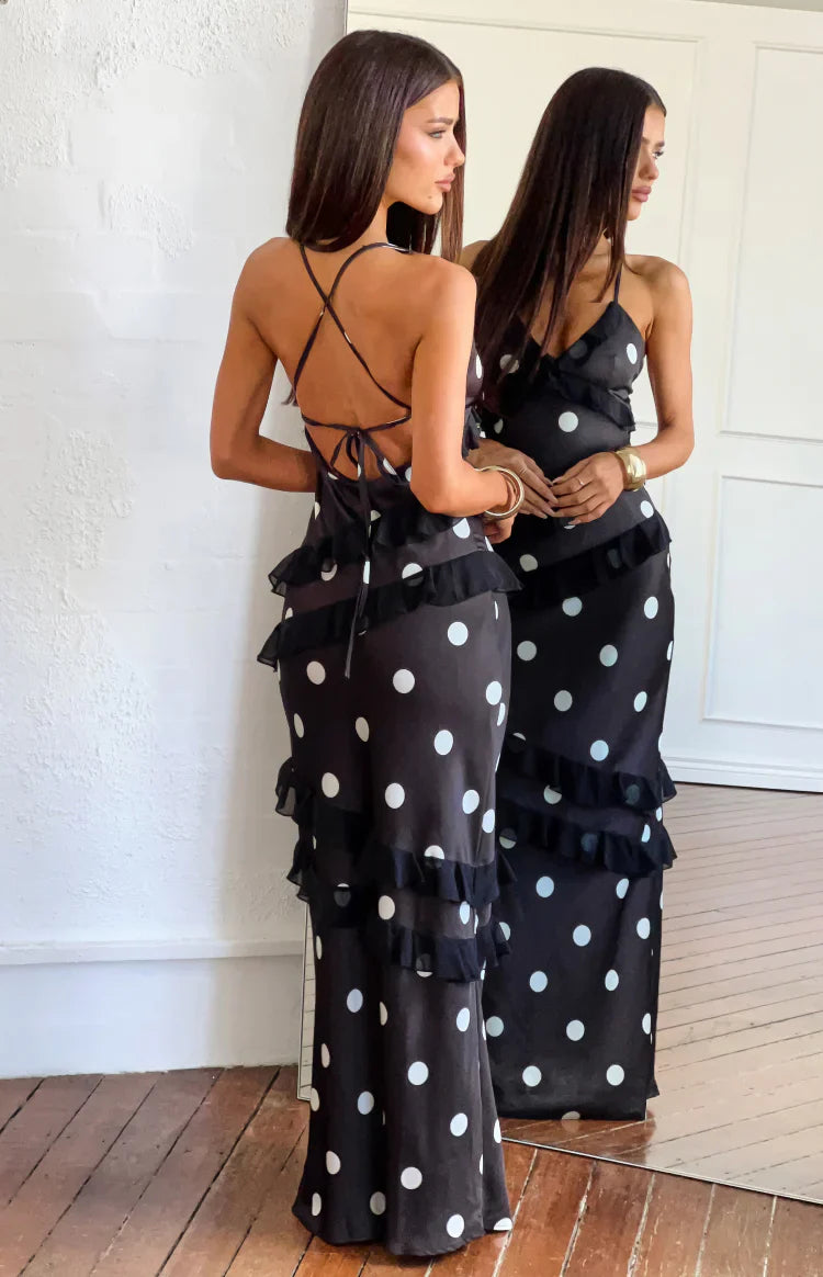 Inara Black Polka Dot Ruffle Maxi Dress