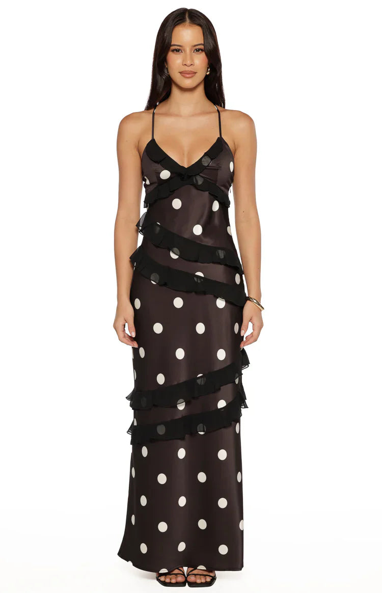 Inara Black Polka Dot Ruffle Maxi Dress