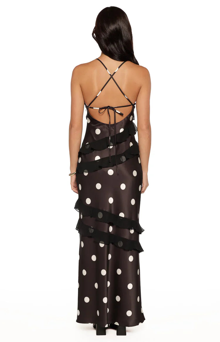 Inara Black Polka Dot Ruffle Maxi Dress