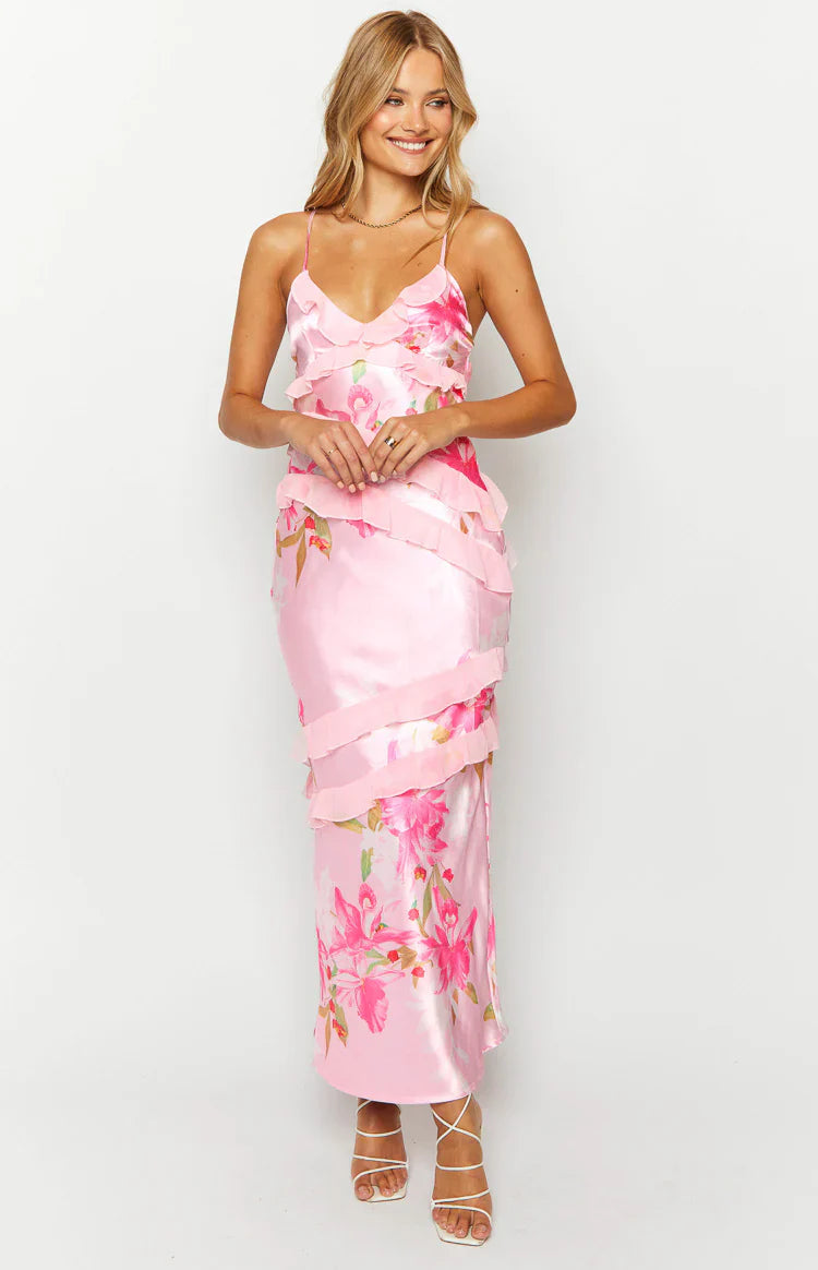 Inara Pink Floral Print Ruffle Prom Dress
