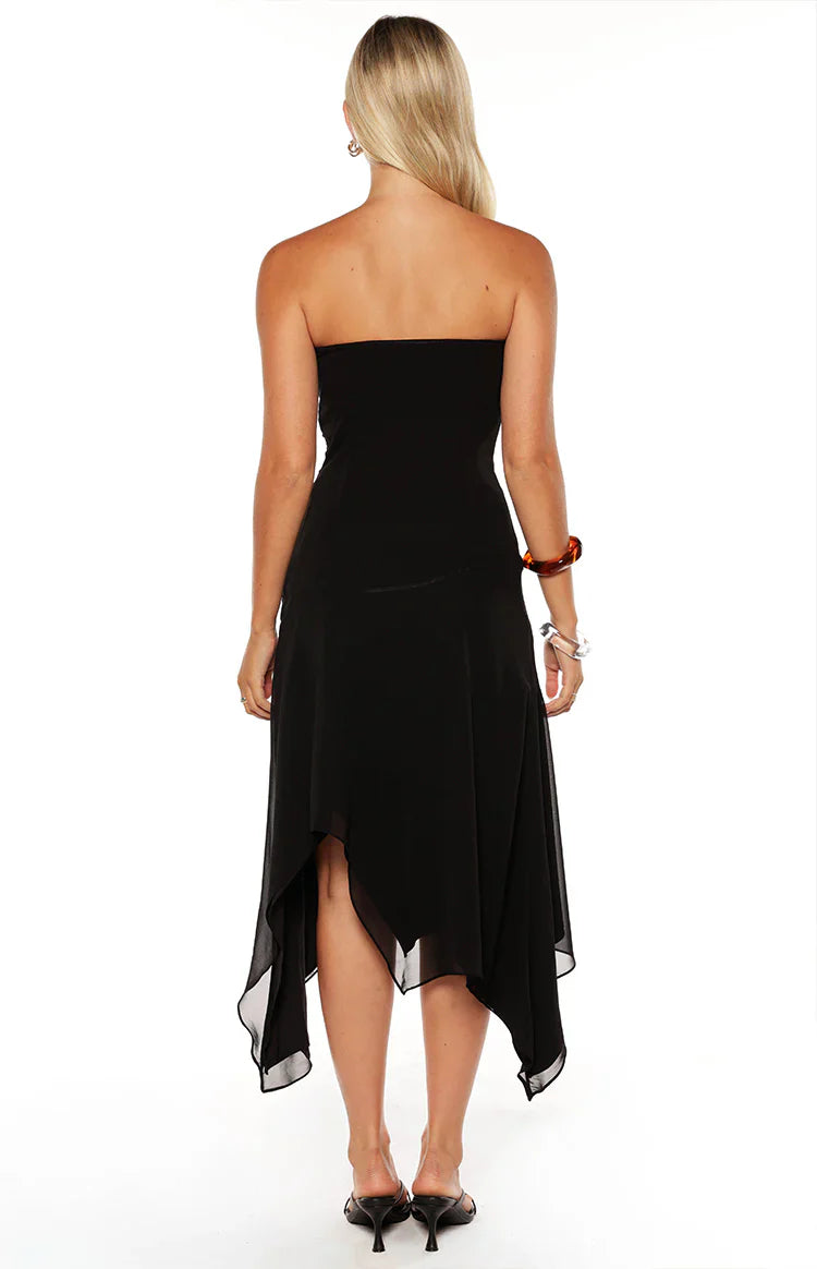 Jannah Black Strapless Hanky Hem Midi Dress