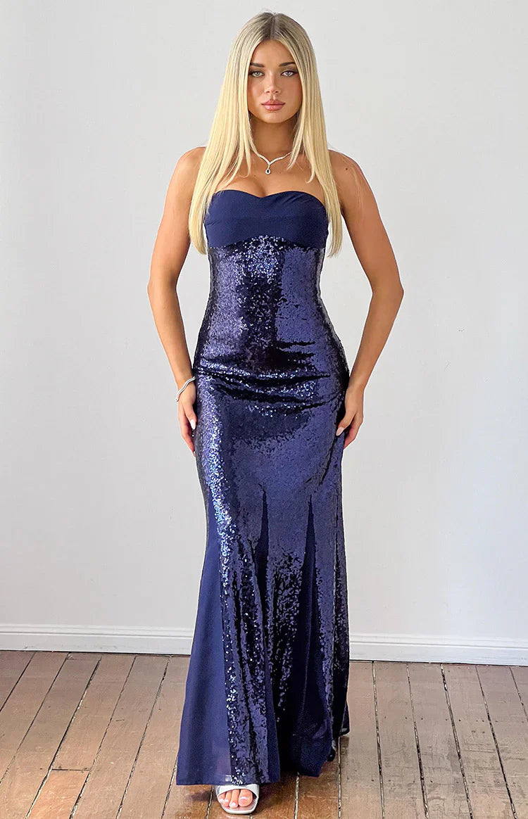 Jarrah Navy Sequin Strapless Maxi Dress