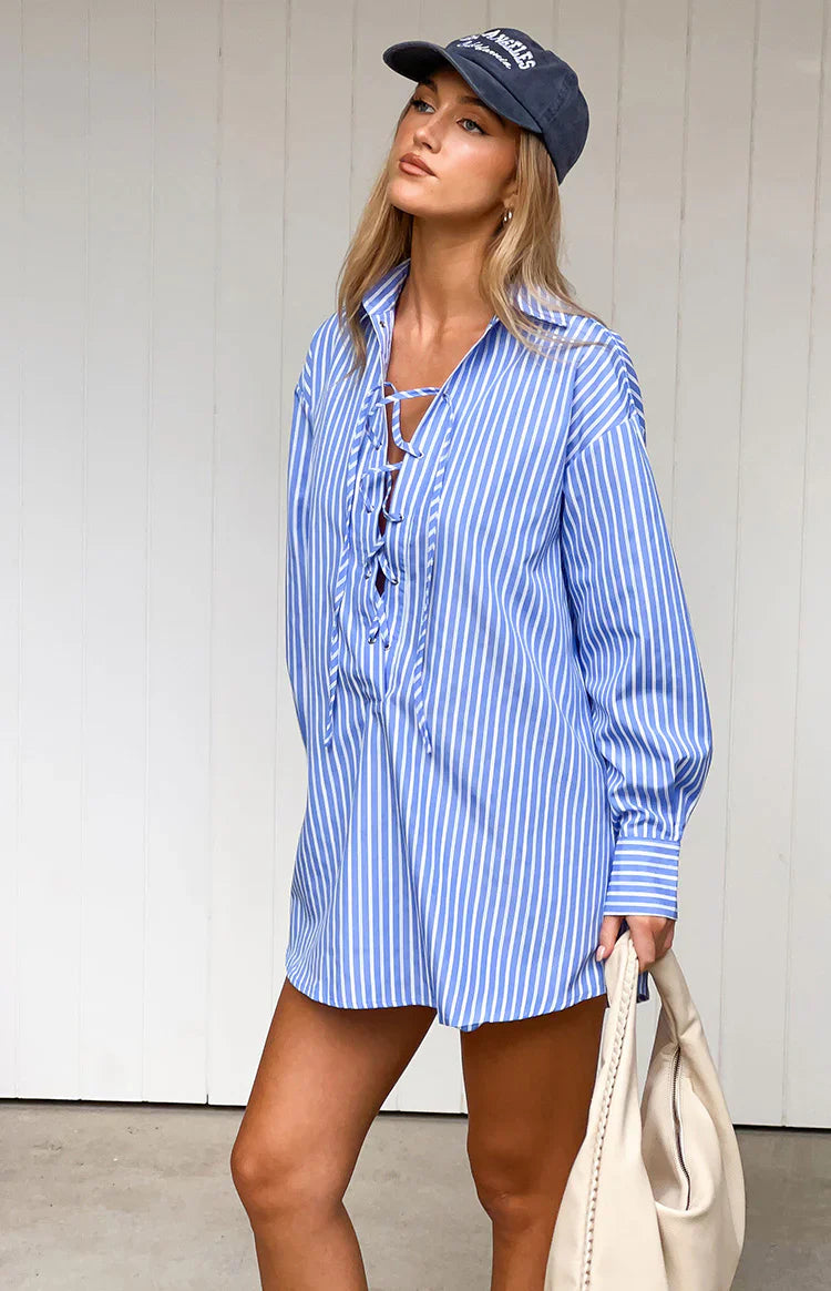 Jasper Blue Pinstripe Lace Up Shirt Dress