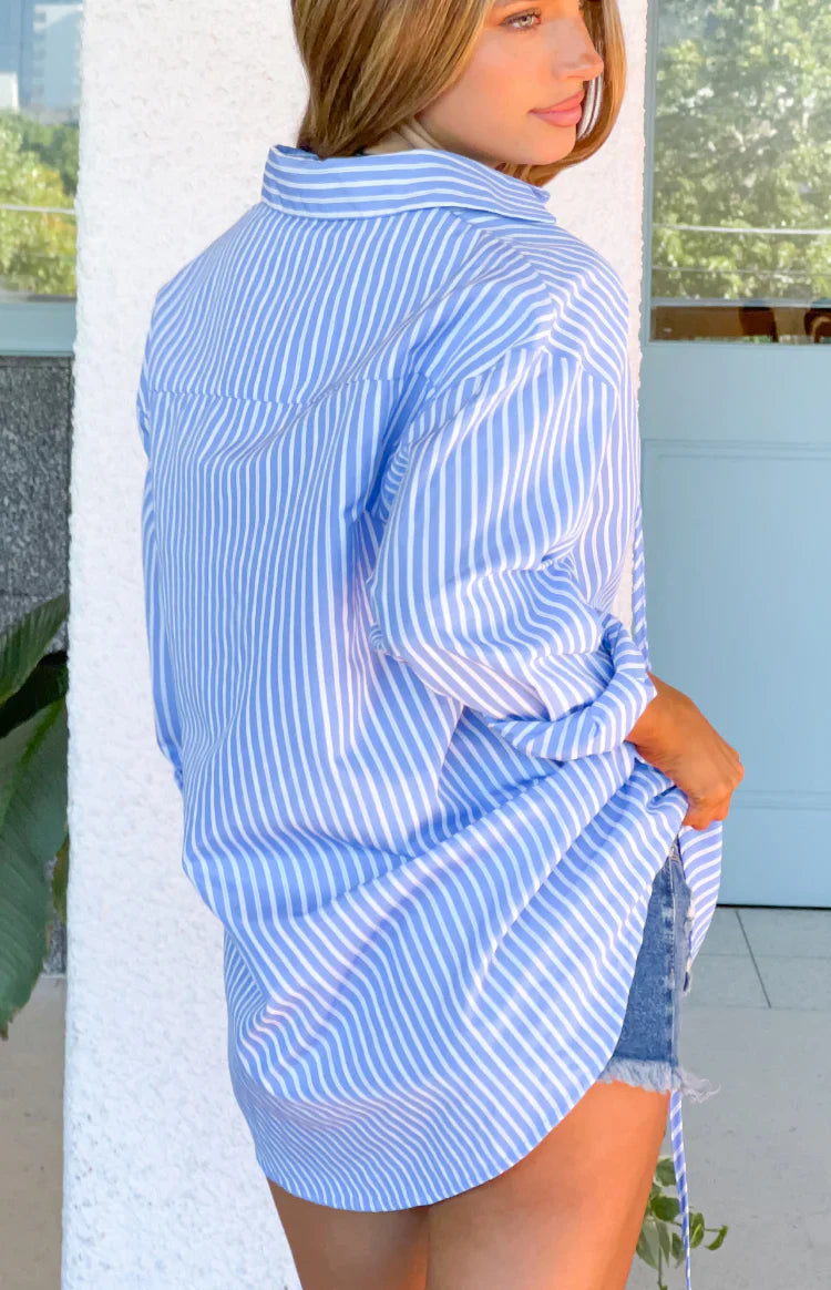 Jasper Blue Pinstripe Lace Up Shirt Dress