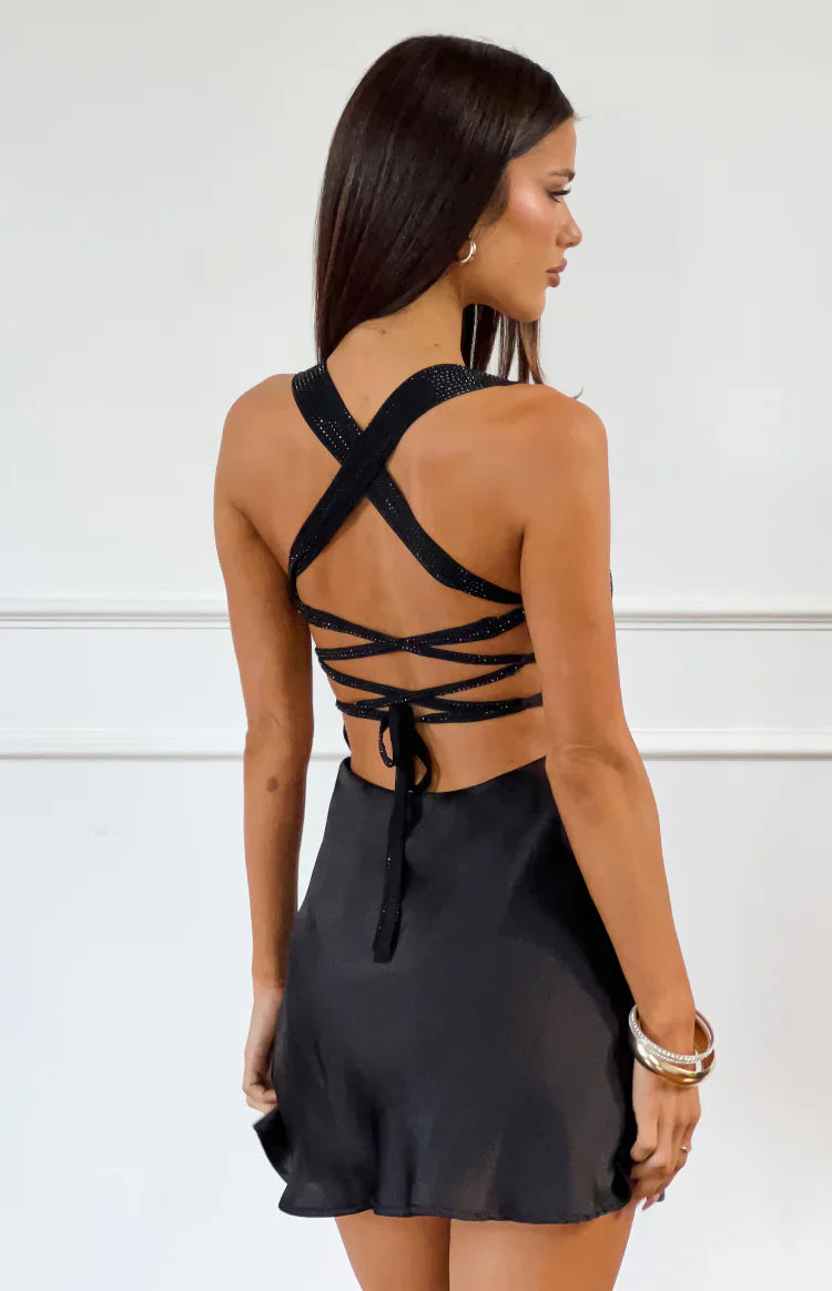 Jazzy Black Contrast Rhinestone Mini Dress