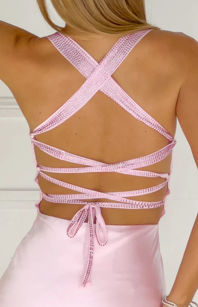 Jazzy Pink Contrast Rhinestone Satin Maxi Dress