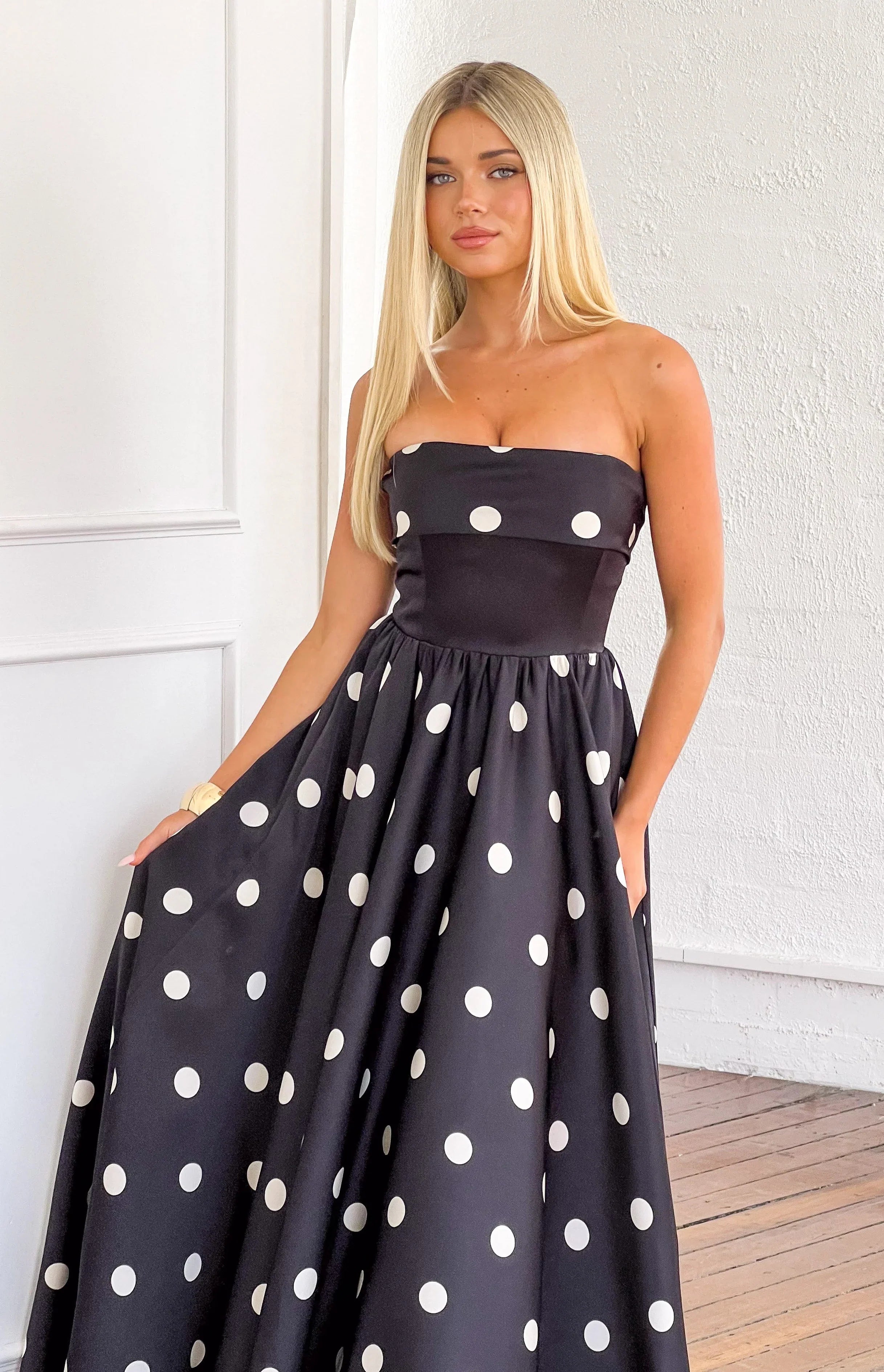 Julianne Strapless Polka Dot Satin Maxi Dress