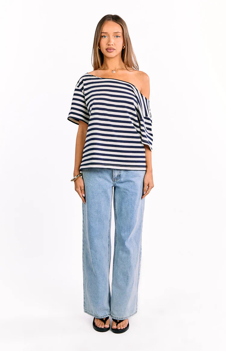 Kaiser Navy Stripe Off Shoulder Oversized Top