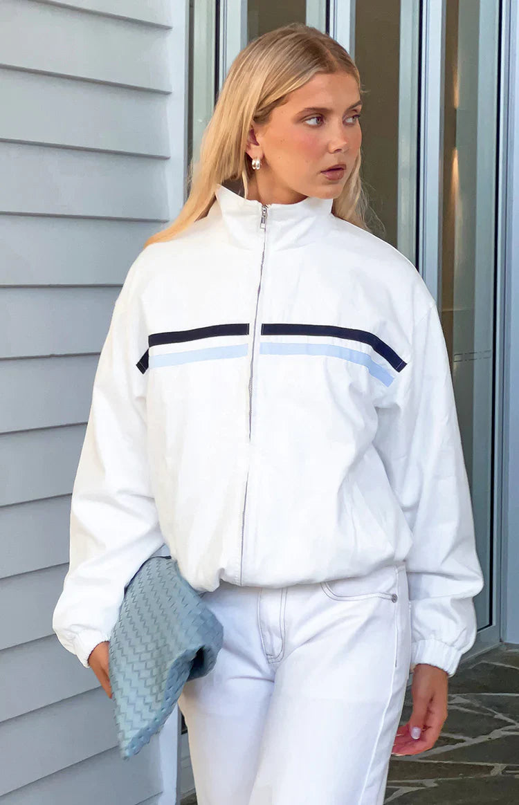 Kalana Cream Contrast Stripe Funnel Neck Jacket