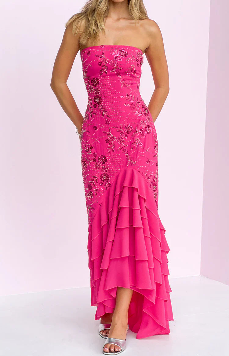 Khai Pink Ruffle Maxi Scarf Beaded Dress