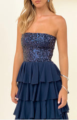 Kimberley Navy Sequin Strapless Ruffle Maxi Dress