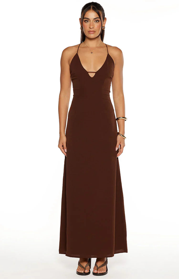 La Jolla Brown V-Neck Maxi Dress