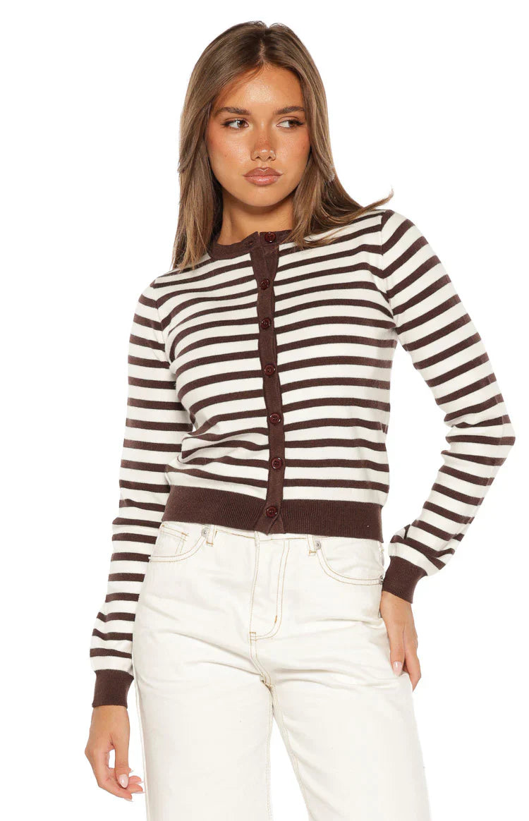 Lottie Chocolate Stripe Round Neck Cardigan